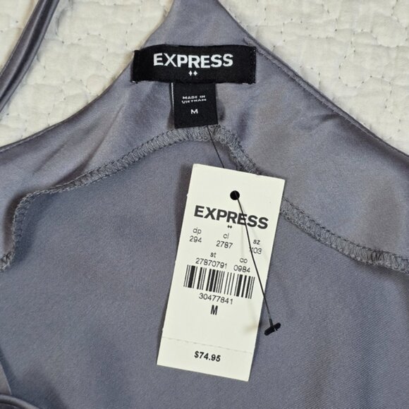 Express Elegant Gray Satin Cowl Neck Spaghetti Strap Midi Dress - Picture 9 of 10